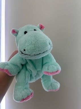 2002 TY Pluffies Hippo TUBBY Stuffed Animal - Mint Green with Pink Accents